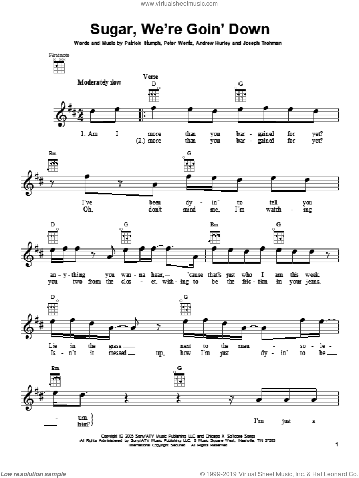 Sugar, We're Goin' Down sheet music for ukulele by Fall Out Boy, intermediate skill level
