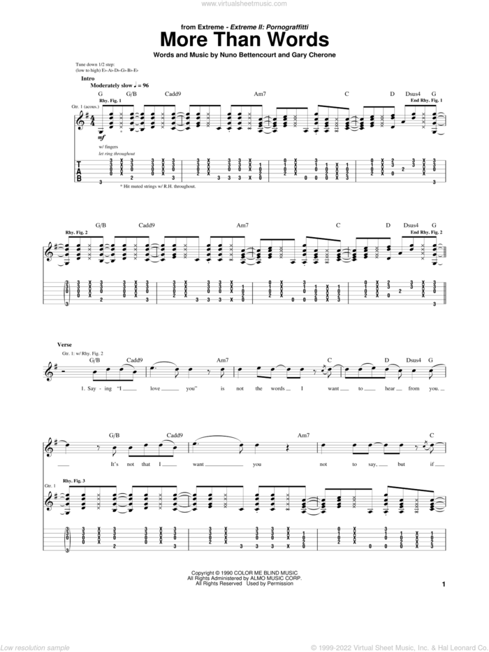 More Than Words sheet music for guitar (tablature) by Extreme, Gary Cherone and Nuno Bettencourt, wedding score, intermediate skill level