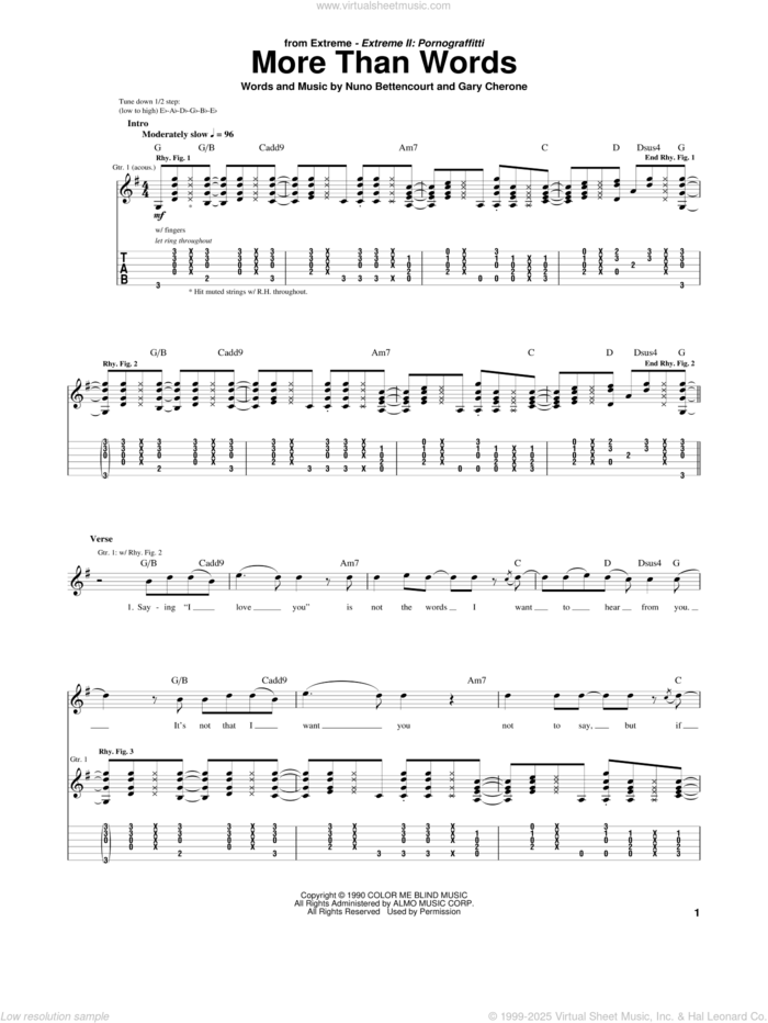 More Than Words sheet music for guitar (tablature) by Extreme, Gary Cherone and Nuno Bettencourt, wedding score, intermediate skill level