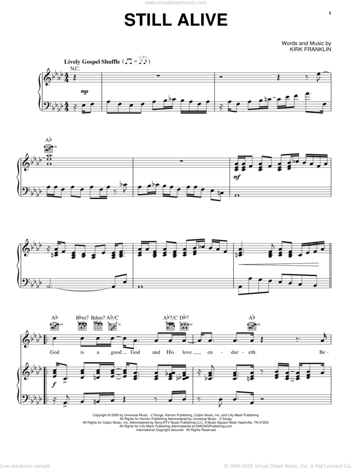 Still Alive sheet music for voice, piano or guitar by Kirk Franklin and The Gospel (Movie), intermediate skill level