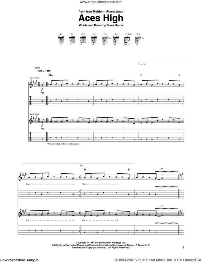 Aces High sheet music for guitar (tablature) by Iron Maiden and Steve Harris, intermediate skill level