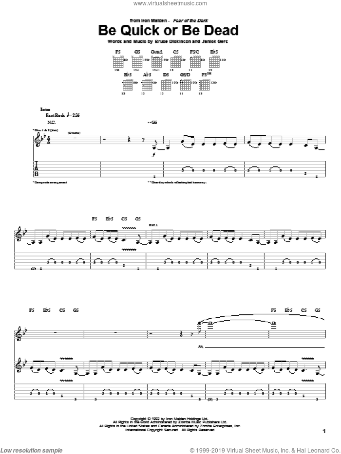 Be Quick Or Be Dead sheet music for guitar (tablature) by Iron Maiden, Bruce Dickinson and Janick Gers, intermediate skill level
