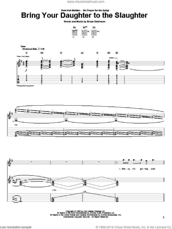 Bring Your Daughter To The Slaughter sheet music for guitar (tablature) by Iron Maiden and Bruce Dickinson, intermediate skill level