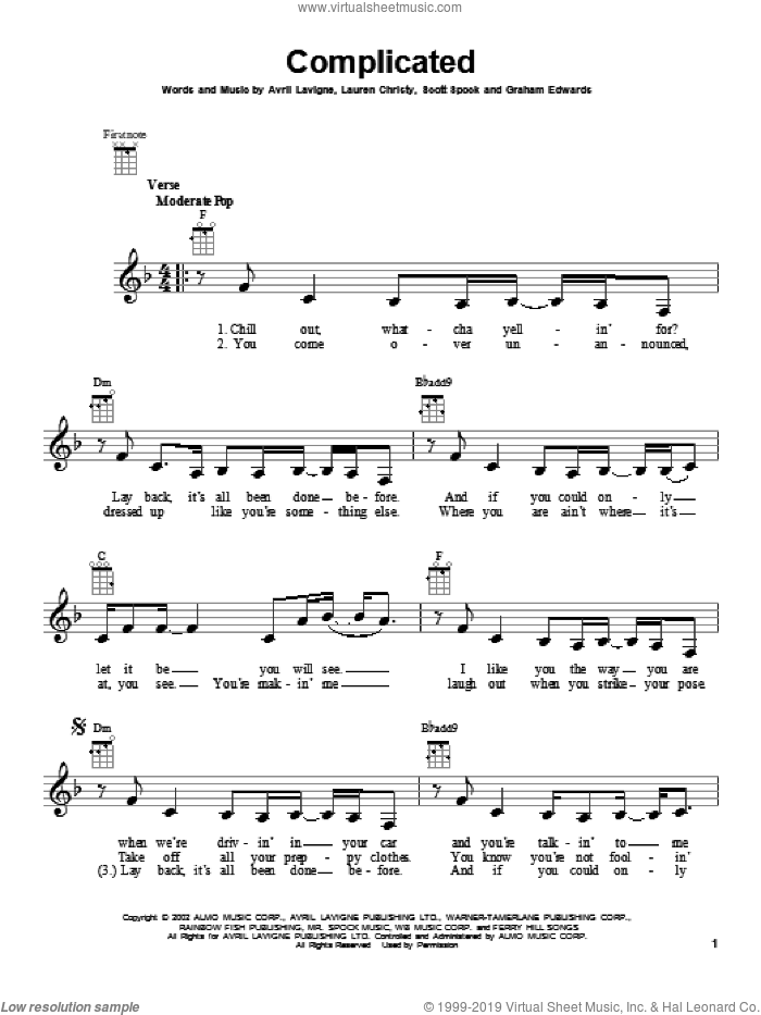 Complicated sheet music for ukulele by Avril Lavigne, intermediate skill level