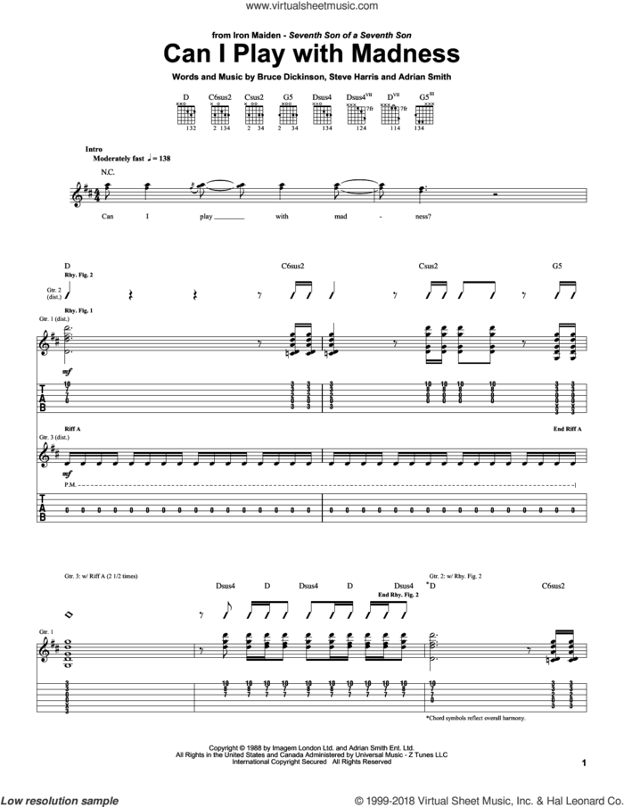 Can I Play With Madness sheet music for guitar (tablature) by Iron Maiden, Adrian Smith, Bruce Dickinson and Steve Harris, intermediate skill level