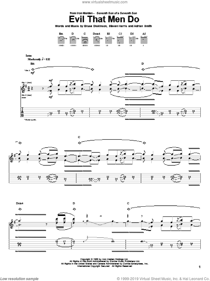 Evil That Men Do sheet music for guitar (tablature) by Iron Maiden, Adrian Smith, Bruce Dickinson and Steve Harris, intermediate skill level