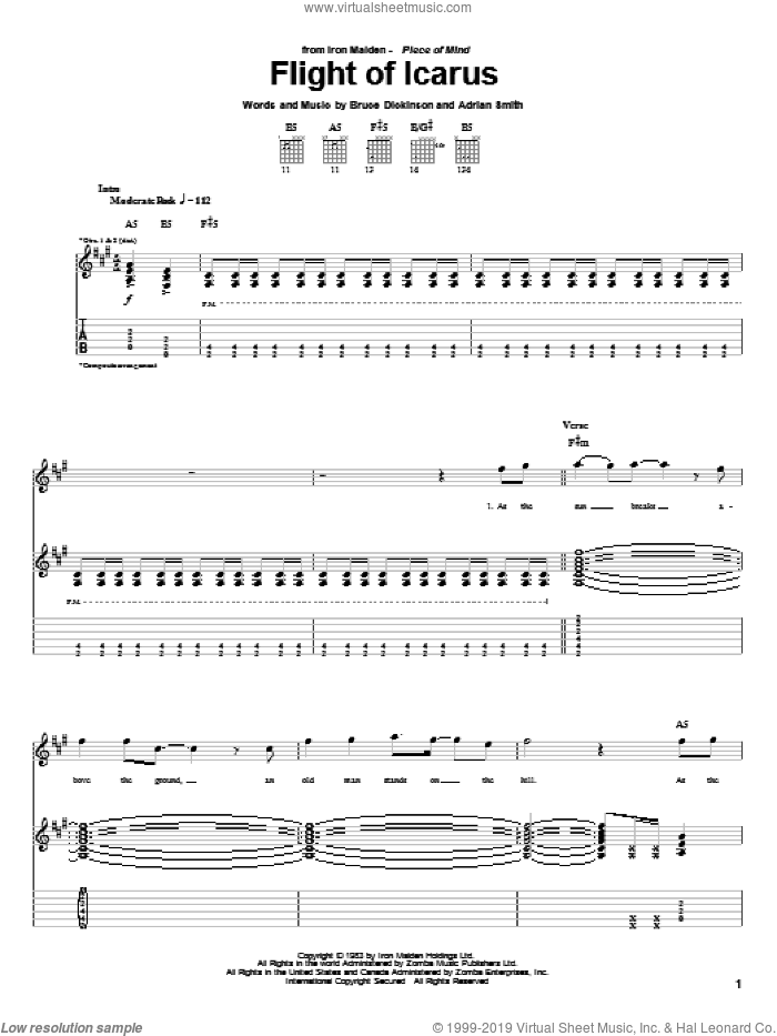 Flight Of Icarus sheet music for guitar (tablature) by Iron Maiden, Adrian Smith and Bruce Dickinson, intermediate skill level