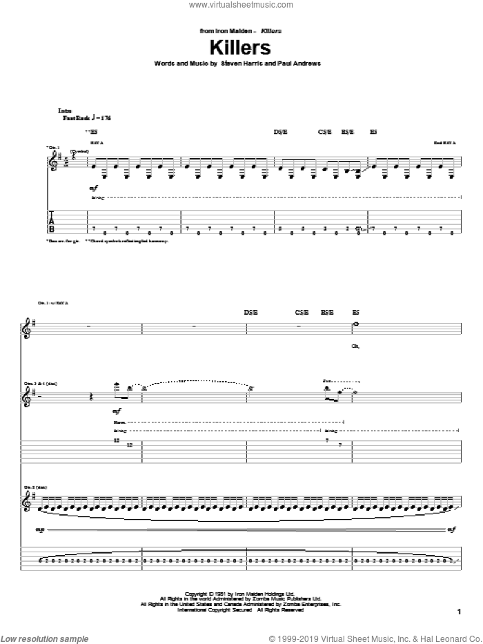 Killers sheet music for guitar (tablature) by Iron Maiden, Paul Andrews and Steve Harris, intermediate skill level