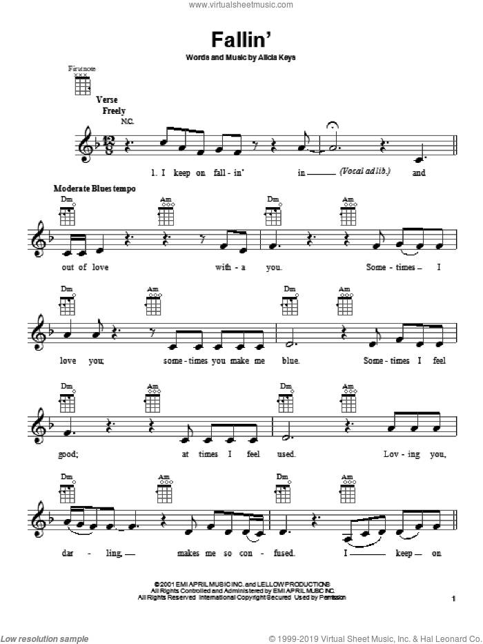 Fallin' sheet music for ukulele by Alicia Keys, intermediate skill level