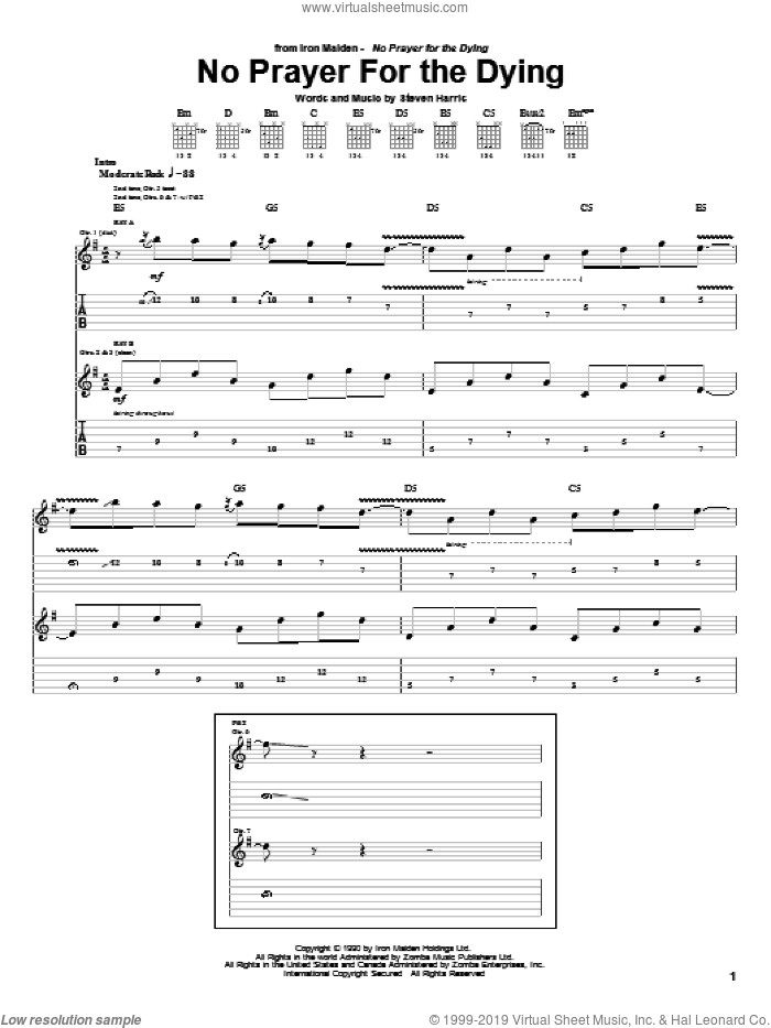 No Prayer For The Dying sheet music for guitar (tablature) by Iron Maiden and Steve Harris, intermediate skill level