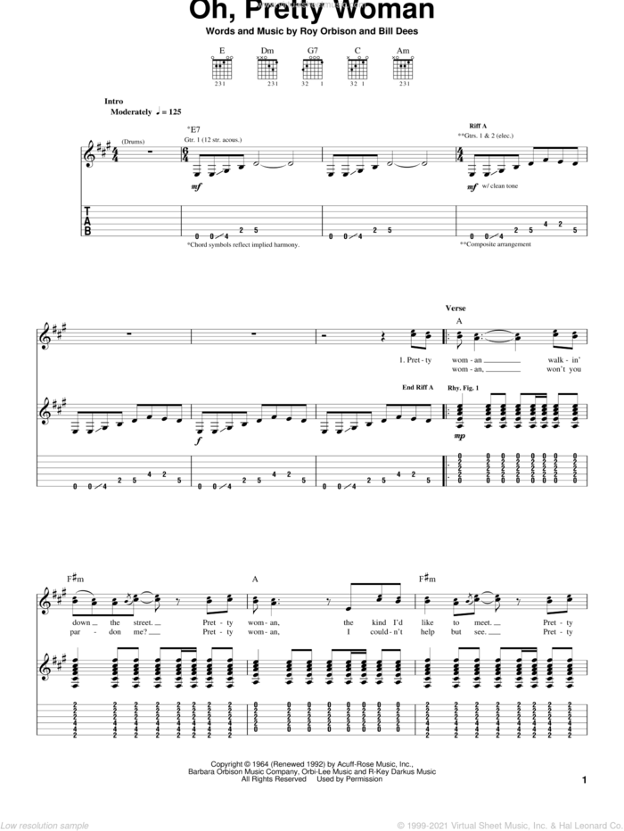 Oh Pretty Woman Sheet Music For Guitar Tablature V3