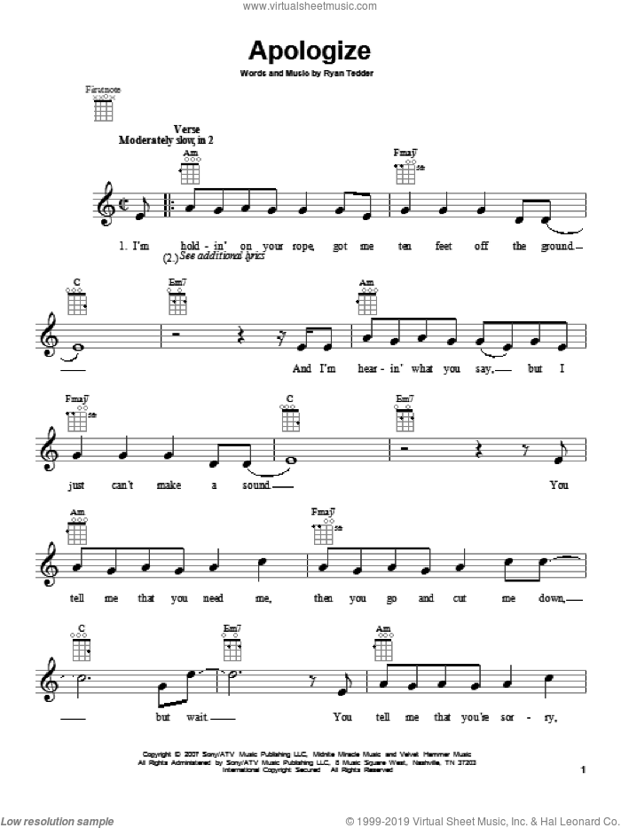 Apologize sheet music for ukulele by Timbaland featuring OneRepublic, intermediate skill level