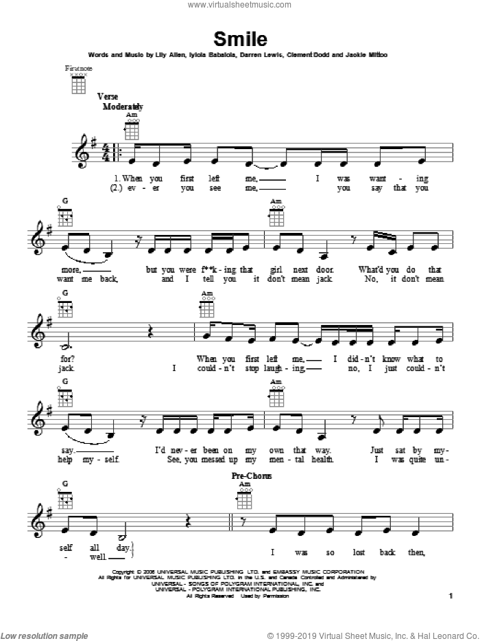 Smile sheet music for ukulele by Lily Allen, intermediate skill level