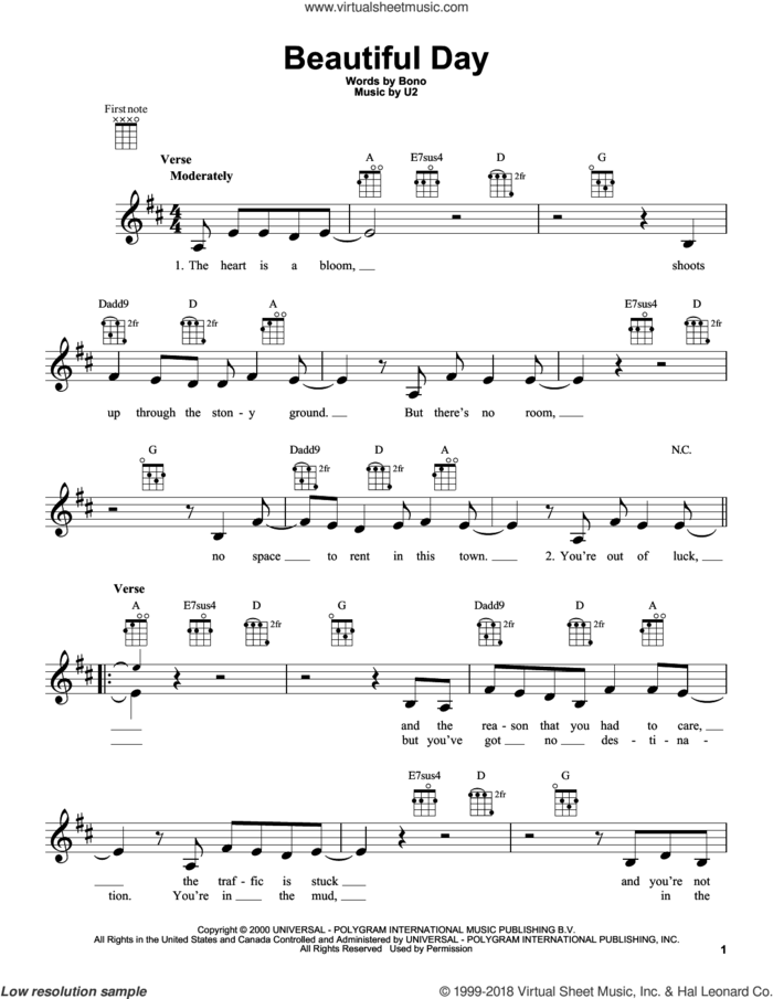 Beautiful Day sheet music for ukulele by U2, intermediate skill level