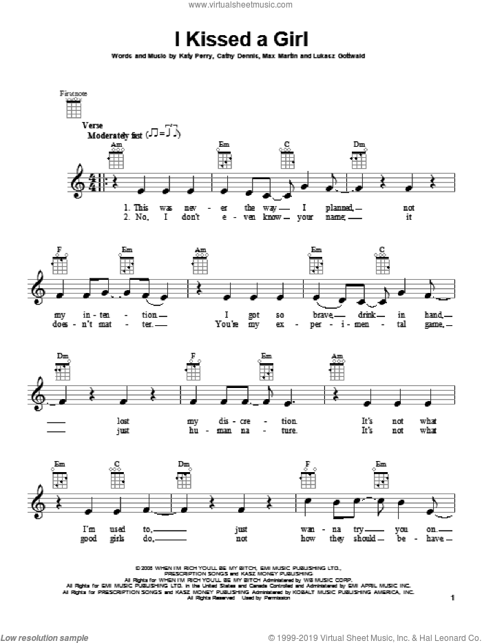 I Kissed A Girl sheet music for ukulele by Katy Perry, intermediate skill level