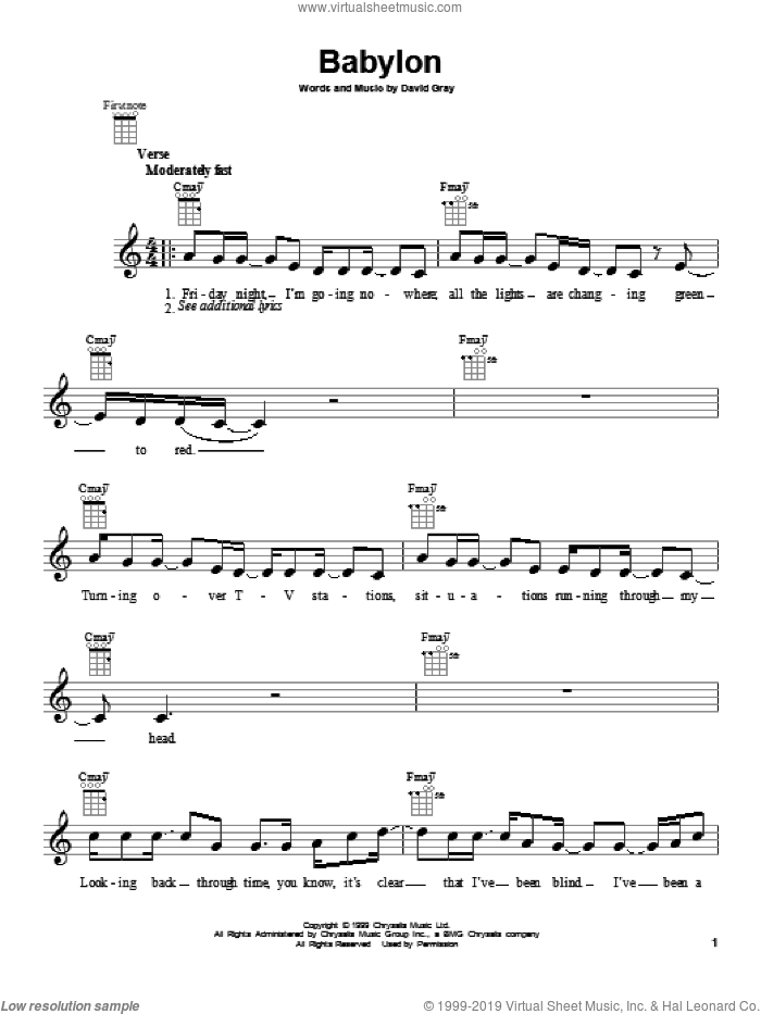 Babylon sheet music for ukulele by David Gray, intermediate skill level