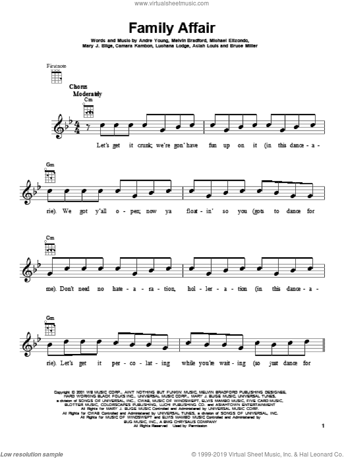 Family Affair sheet music for ukulele by Mary J. Blige, intermediate skill level