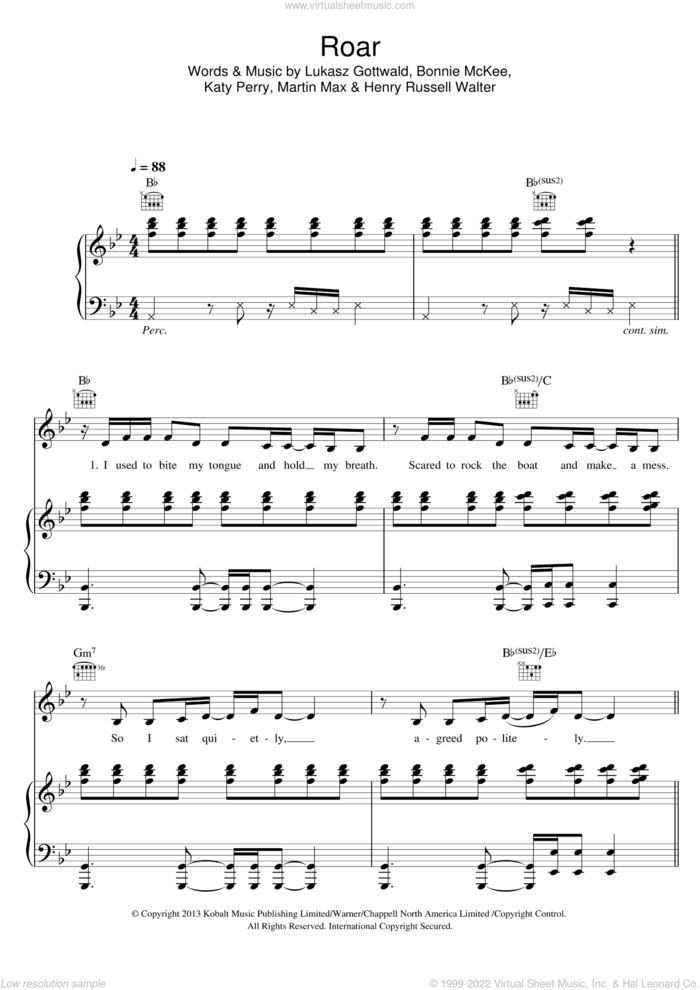 Roar sheet music for voice, piano or guitar by Katy Perry, Bonnie McKee, Henry Russell Walter, Lukasz Gottwald and Martin Max, intermediate skill level