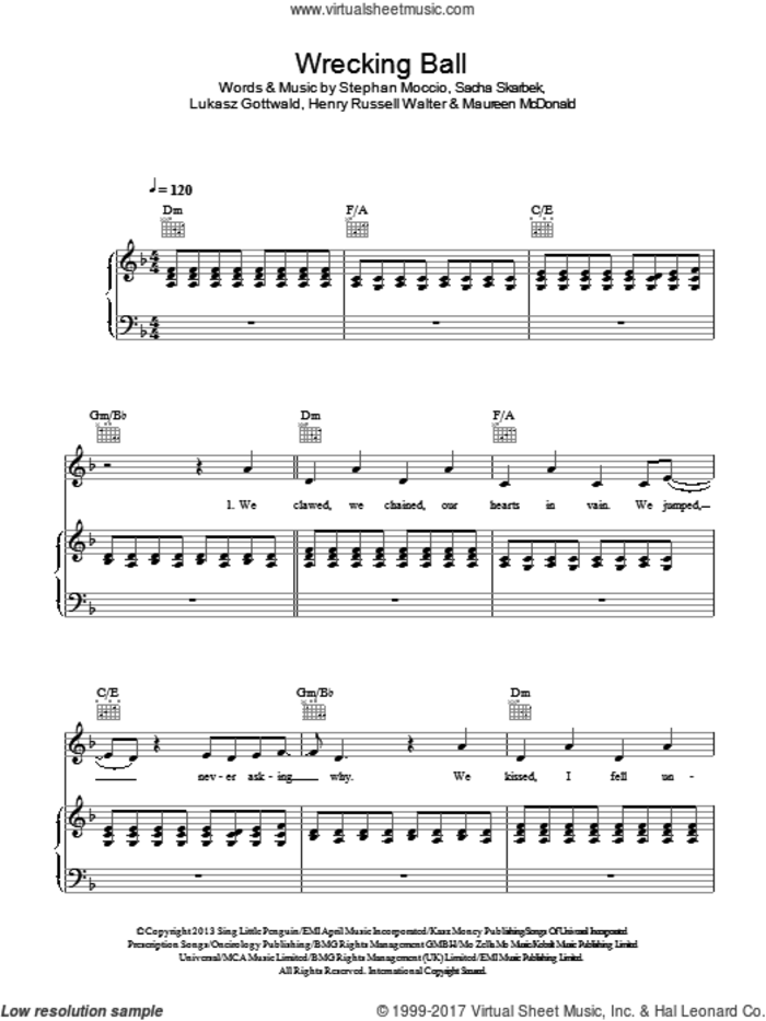 Wrecking Ball sheet music for voice, piano or guitar by Miley Cyrus, Henry Russell Walter, Lukasz Gottwald, Maureen McDonald, Sacha Skarbek and Stephan Moccio, intermediate skill level