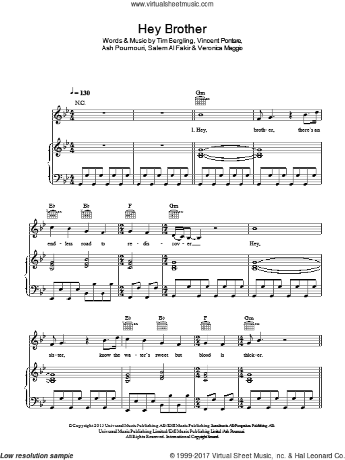 Hey Brother sheet music for voice, piano or guitar by Avicii, Ash Pournouri, Salem Al Fakir, Tim Bergling, Veronica Maggio and Vincent Pontare, intermediate skill level