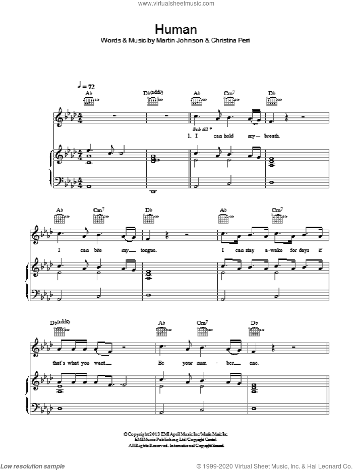 Human sheet music for voice, piano or guitar by Christina Perri and Martin Johnson, intermediate skill level