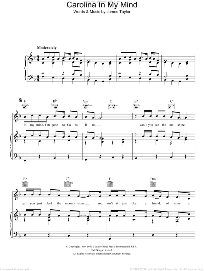 Carolina In My Mind sheet music for voice, piano or guitar by James Taylor, intermediate skill level