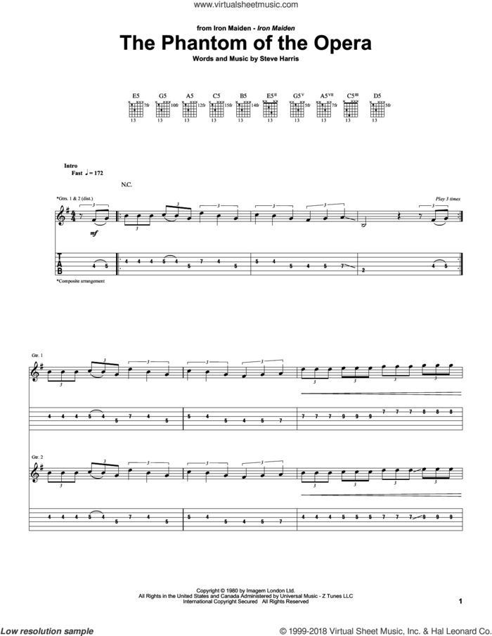 The Phantom Of The Opera sheet music for guitar (tablature) by Iron Maiden and Steve Harris, intermediate skill level