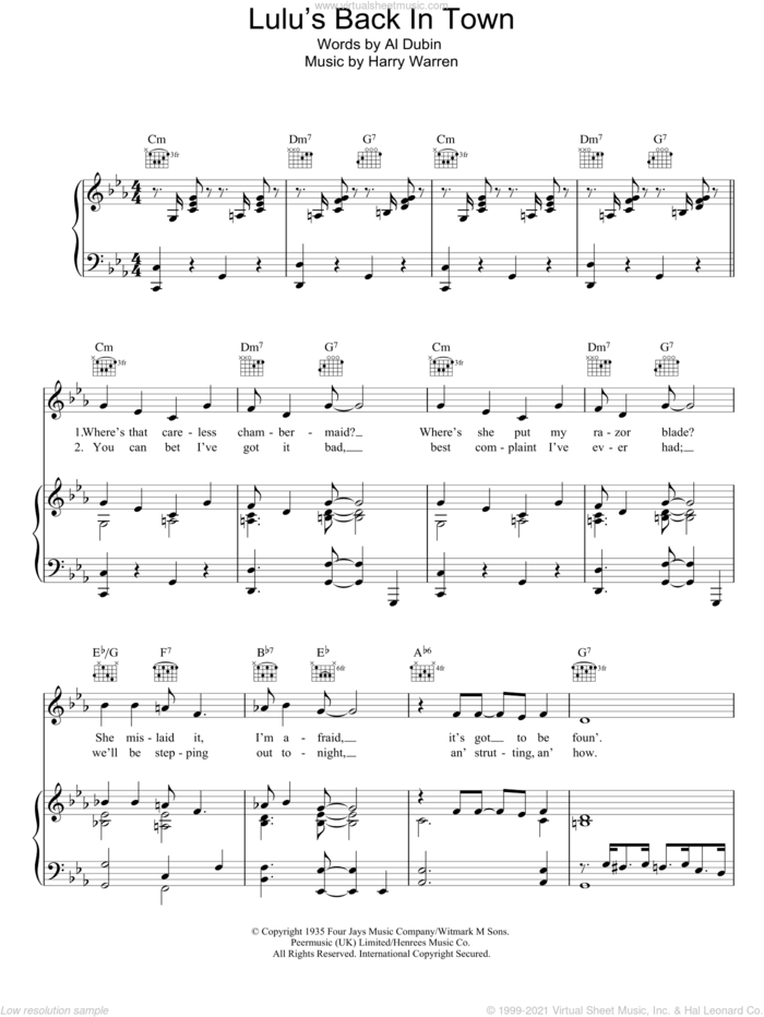Lulu's Back In Town sheet music for voice, piano or guitar by Al Dubin and Harry Warren, intermediate skill level