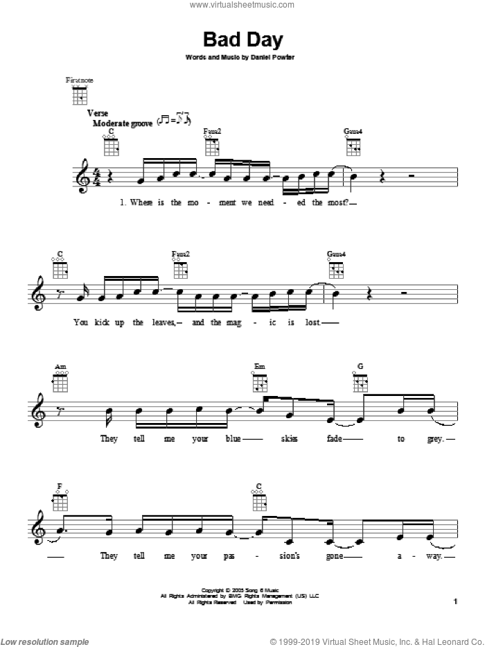 Bad Day sheet music for ukulele by Daniel Powter, intermediate skill level