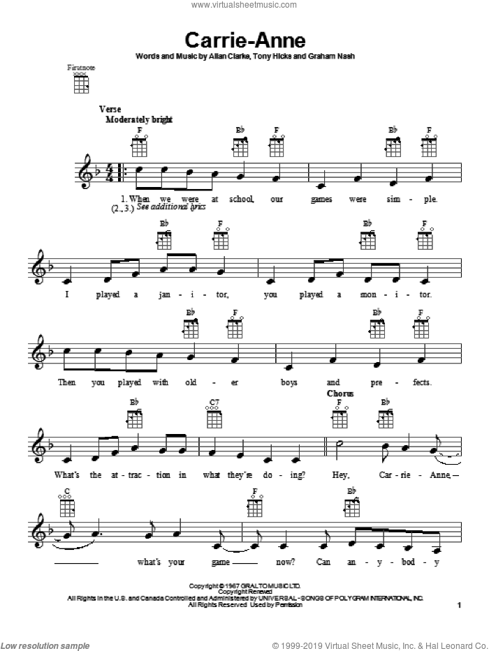 Carrie-Anne sheet music for ukulele by The Hollies, intermediate skill level