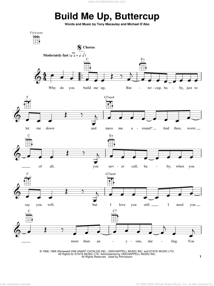 Build Me Up, Buttercup sheet music for ukulele by The Foundations, intermediate skill level