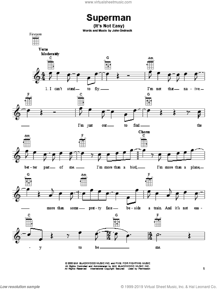 Superman (It's Not Easy) sheet music for ukulele by Five For Fighting, intermediate skill level