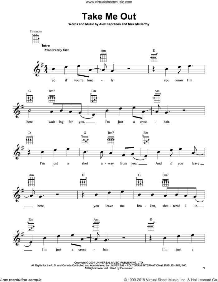 Take Me Out sheet music for ukulele by Franz Ferdinand, intermediate skill level