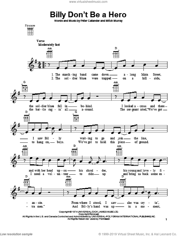Billy Don't Be A Hero sheet music for ukulele by Bo Donaldson & The Heywoods, intermediate skill level