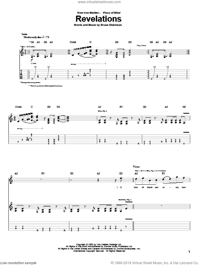 Revelations sheet music for guitar (tablature) by Iron Maiden and Bruce Dickinson, intermediate skill level