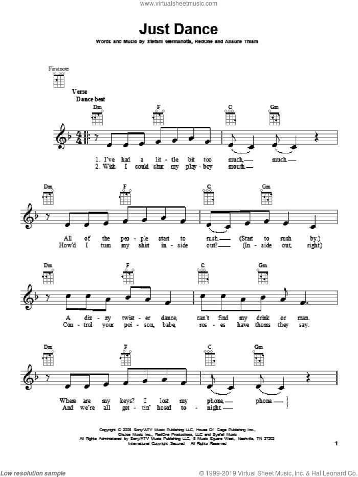 Just Dance sheet music for ukulele by Lady GaGa featuring Colby O'Donis, intermediate skill level