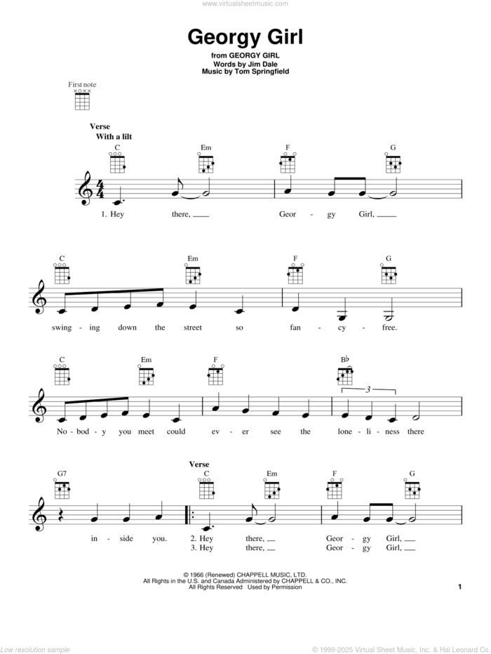 Georgy Girl sheet music for ukulele by The Seekers, intermediate skill level