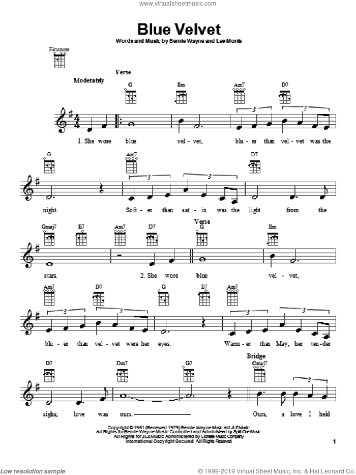 Blue Velvet sheet music for ukulele by Bobby Vinton, intermediate skill level