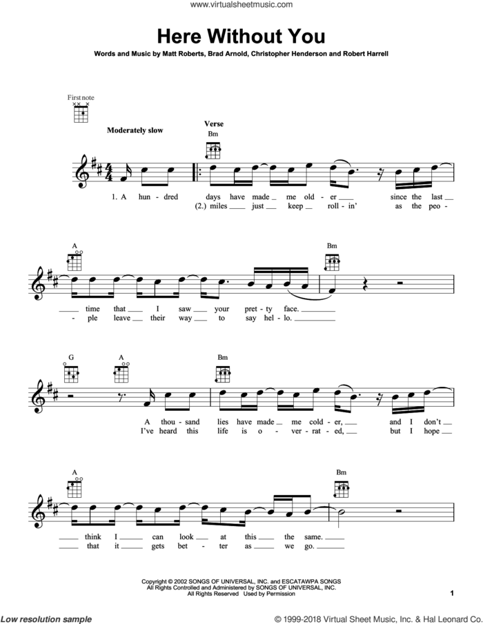 Here Without You sheet music for ukulele by 3 Doors Down, intermediate skill level