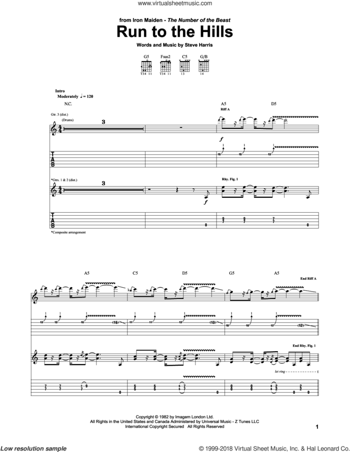 Run To The Hills sheet music for guitar (tablature) by Iron Maiden and Steve Harris, intermediate skill level