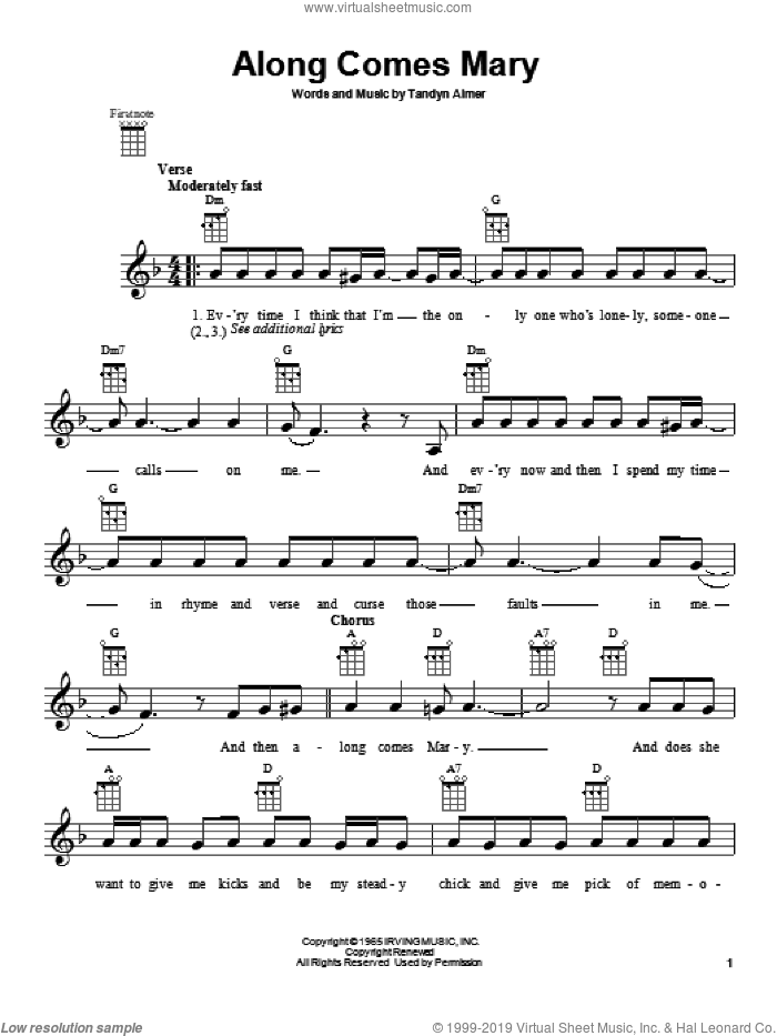 Along Comes Mary sheet music for ukulele by The Association, intermediate skill level