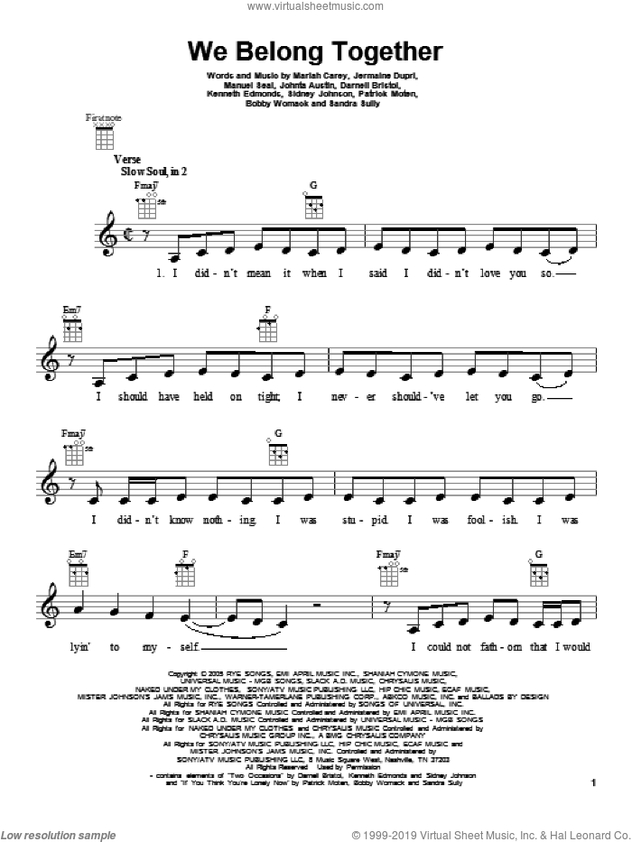 We Belong Together sheet music for ukulele by Mariah Carey, intermediate skill level