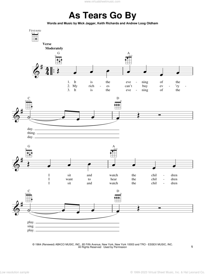 As Tears Go By sheet music for ukulele by The Rolling Stones, intermediate skill level