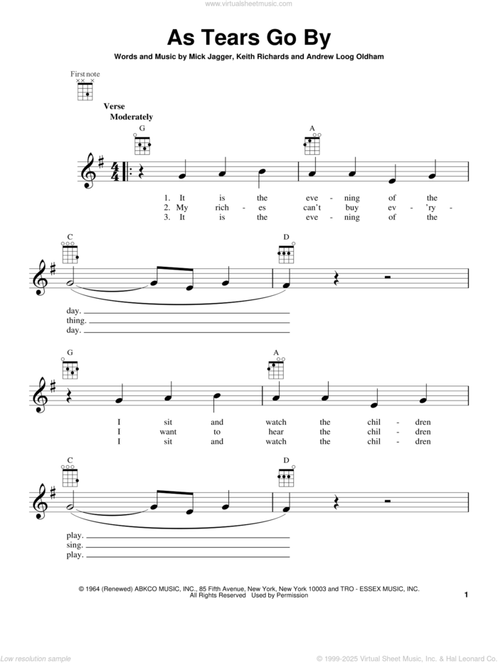 As Tears Go By sheet music for ukulele by The Rolling Stones, intermediate skill level