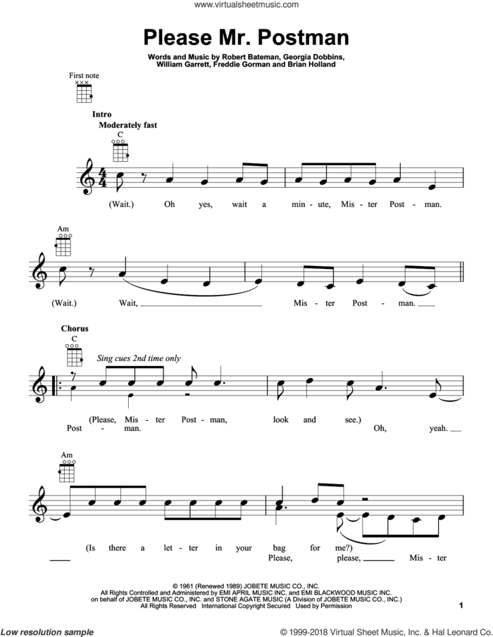 Please Mr. Postman sheet music for ukulele by The Marvelettes, Carpenters and The Beatles, intermediate skill level