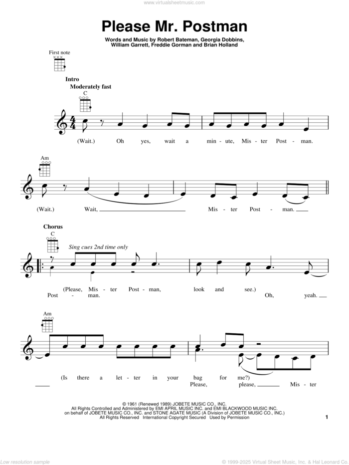 Please Mr. Postman sheet music for ukulele by The Marvelettes, Carpenters and The Beatles, intermediate skill level