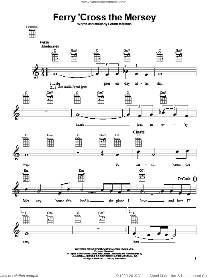 Ferry 'Cross The Mersey sheet music for ukulele by Gerry & The Pacemakers, intermediate skill level