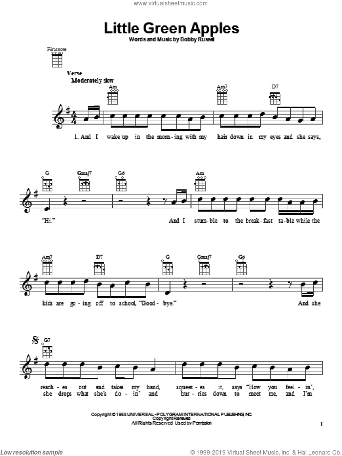 Little Green Apples sheet music for ukulele by Roger Miller, intermediate skill level
