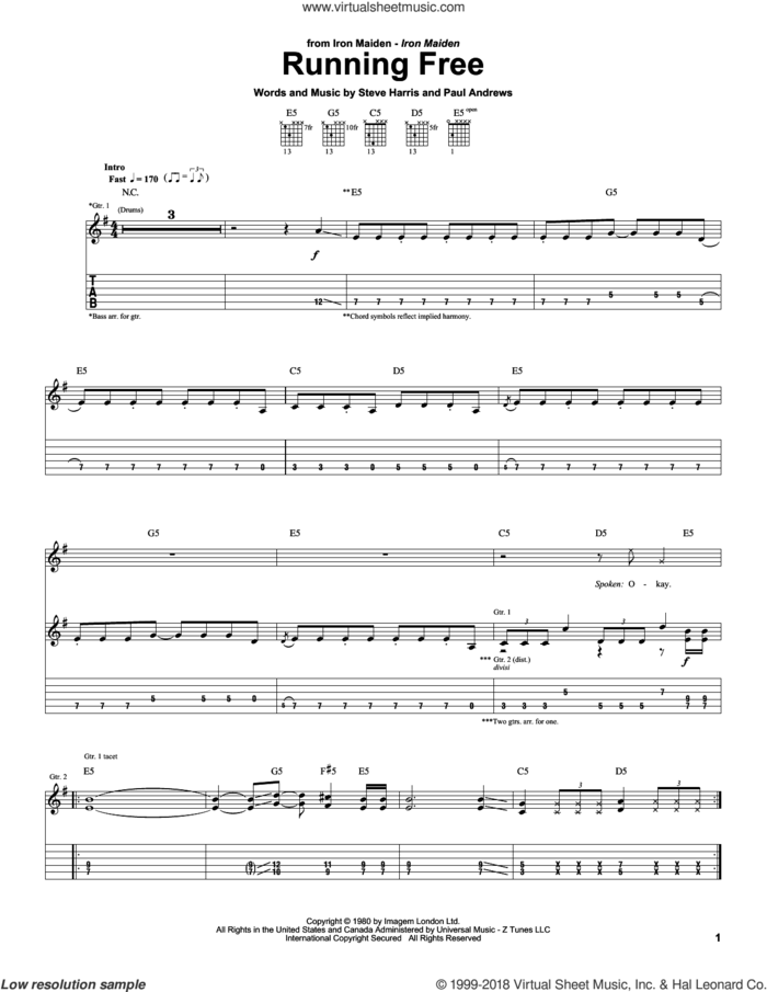 Running Free sheet music for guitar (tablature) by Iron Maiden, Paul Andrews and Steve Harris, intermediate skill level