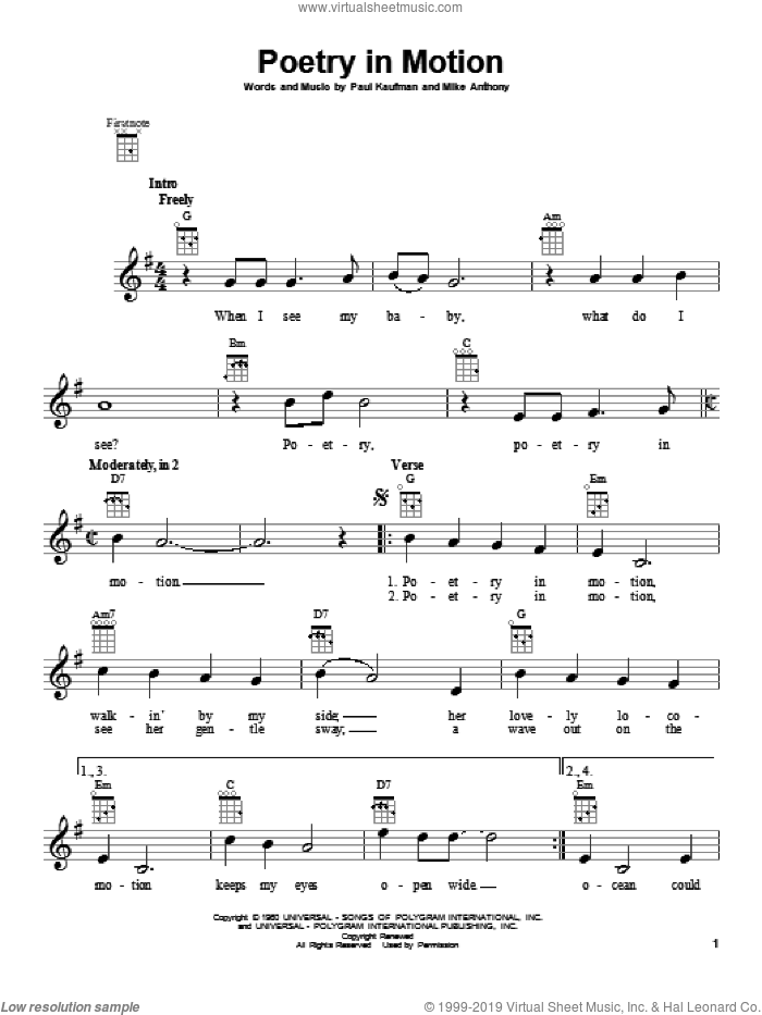 Poetry In Motion sheet music for ukulele by Johnny Tillotson, intermediate skill level